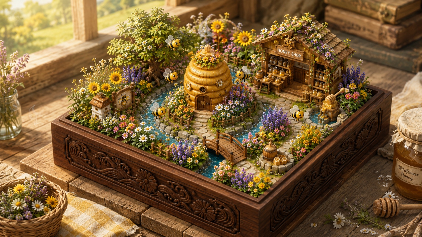 Diorama of a flower garden apiary with its bees in a carved wooden case